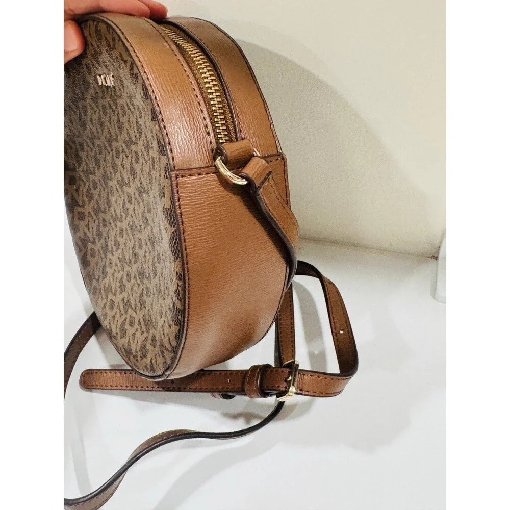 Dkny Round Brown Faux Leather Logo Printed Crossbody Bag Shoulder Purse